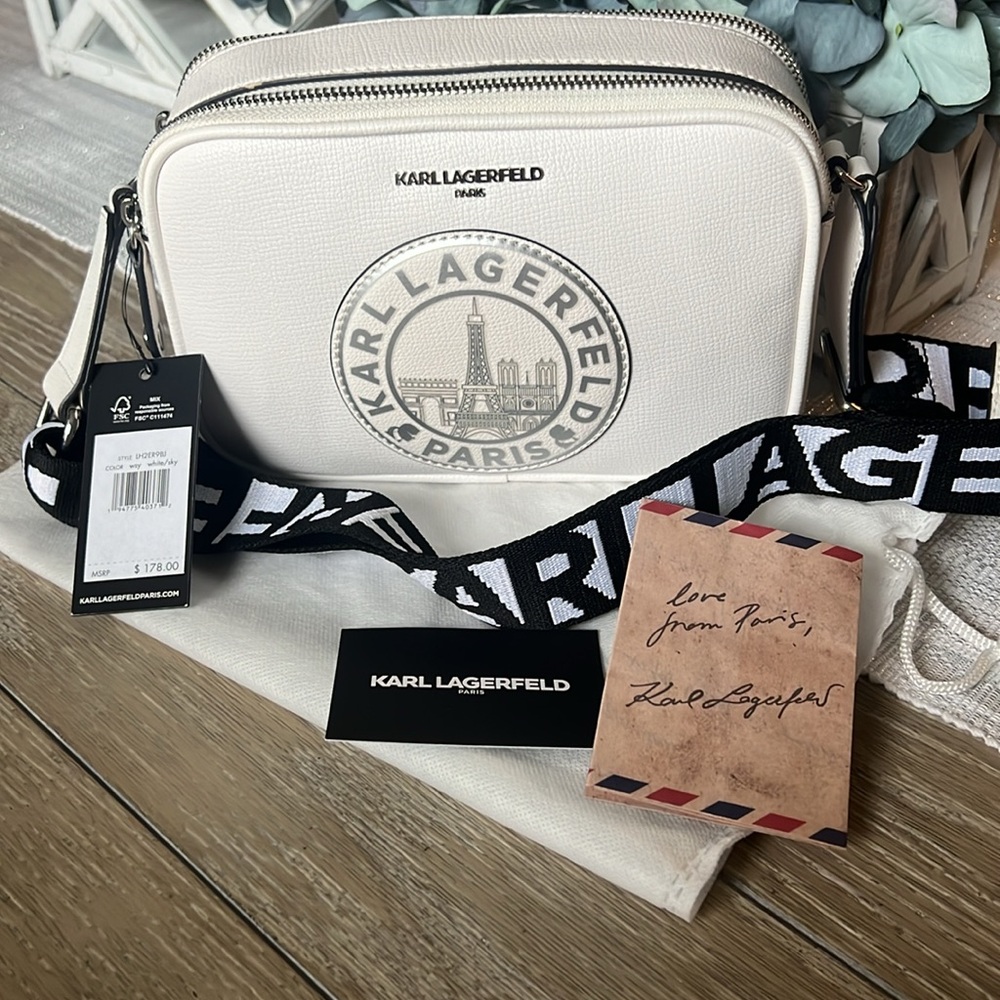 Karl Lagerfeld White Crossbody camera bag + guitar Strap Silver Hardware Dustbag - Picture 10 of 10
